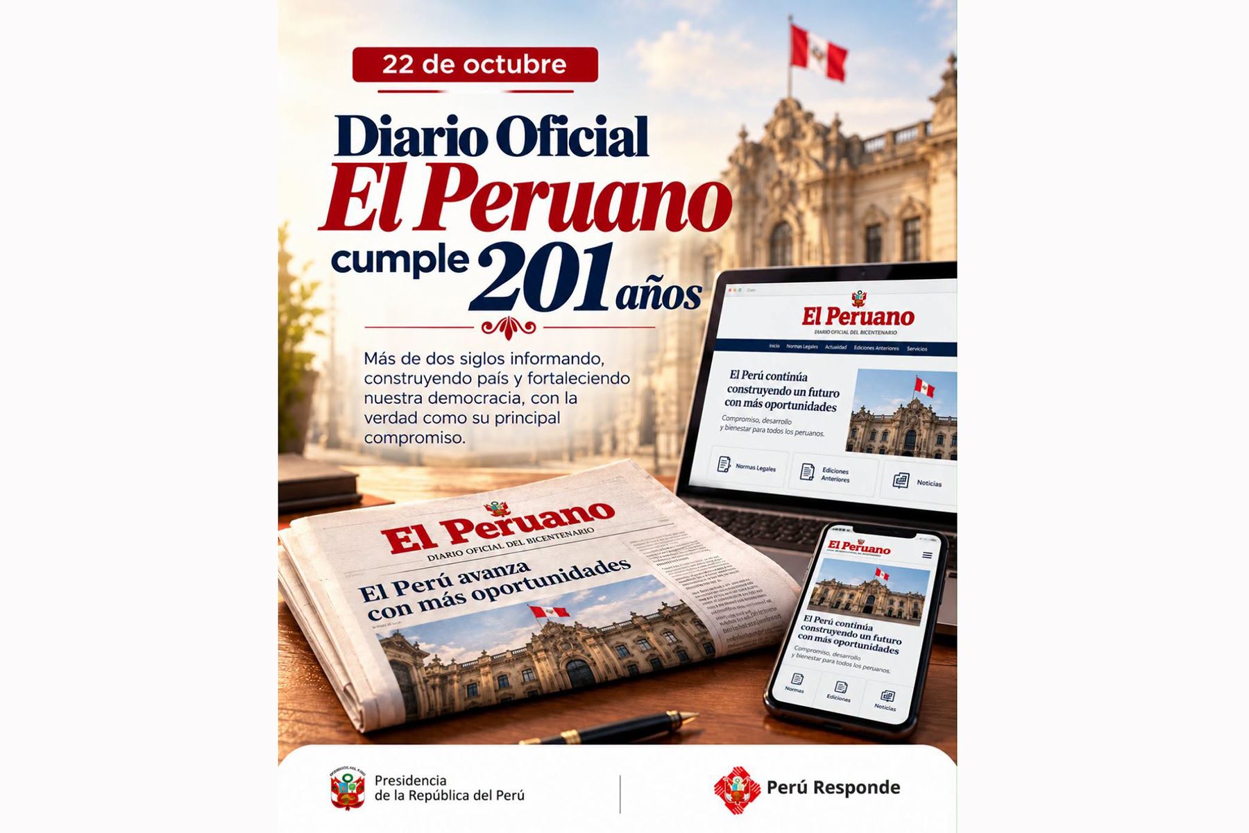 Presidencia destaca trayectoria y compromiso de El Peruano en su 201 aniversario