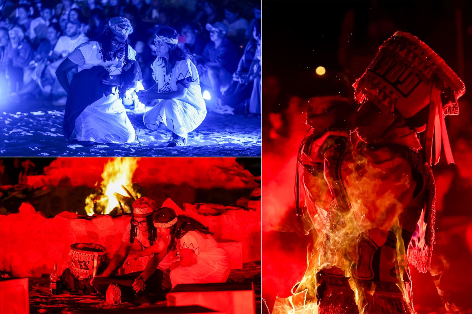 La escenificación teatral representó los efectos de los fenómenos naturales que enfrentó la antigua sociedad de Caral, incluida la pérdida de vidas de niños. La puesta en escena también destacó cómo la organización de sus habitantes permitió identificar los espacios adecuados para establecer sus asentamientos. Foto: ANDINA/Luis Iparraguirre.