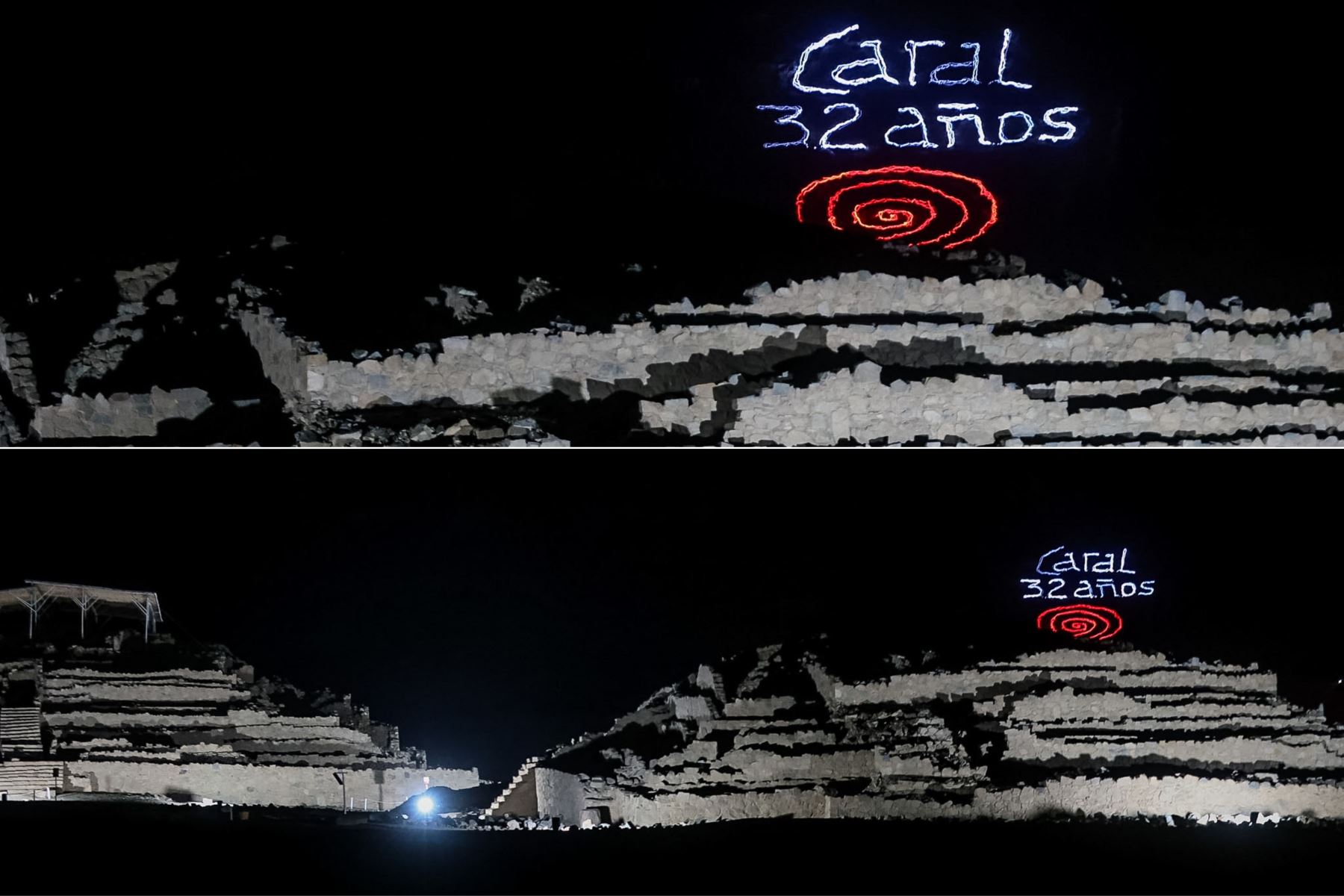 Las edificaciones de la Ciudad Sagrada de Caral lucieron una iluminación especial durante la celebración, acompañada de la proyección del mensaje «Caral 32 años», en alusión al aniversario del inicio de las investigaciones y los trabajos de conservación y puesta en valor de este patrimonio arqueológico. Foto: ANDINA/Luis Iparraguirre.