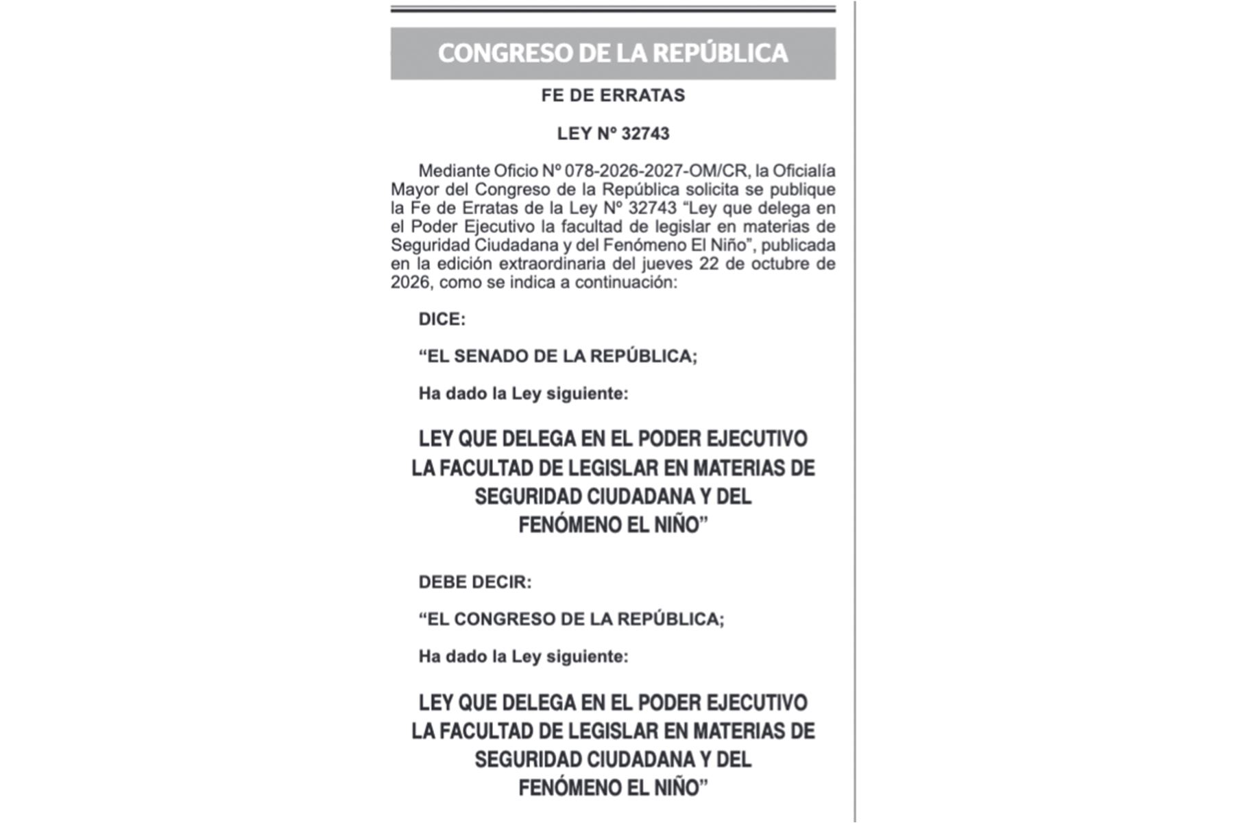 Congreso de la República publica fe de erratas de Ley 32743
