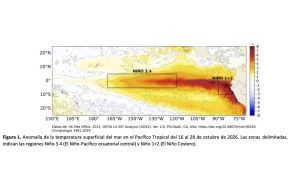 Anomalía de la temperatura superficial del mar en el Pacífico Tropical del 16 al 28 de octubre de 2026. Las zonas delimitadas, indican las regiones Niño 3.4 (El Niño-Pacífico ecuatorial central) y Niño 1+2 (El Niño Costero). Foto: Enfen